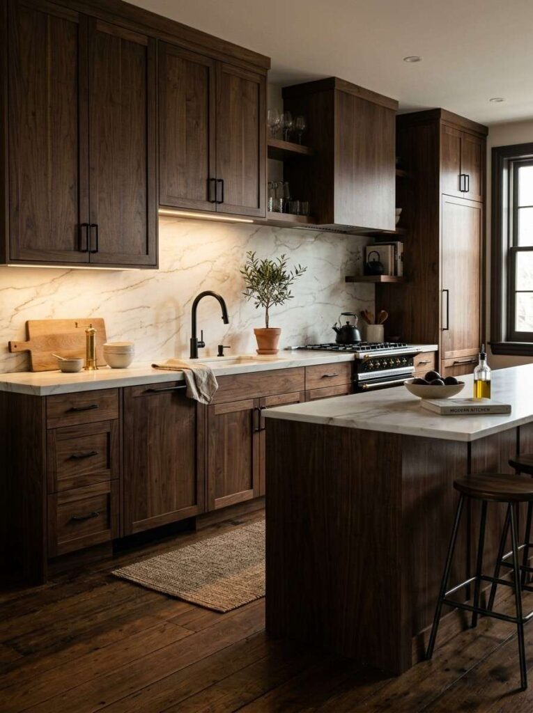 Dark walnut cabinets with white marble countertops and black hardware in elegant kitchen