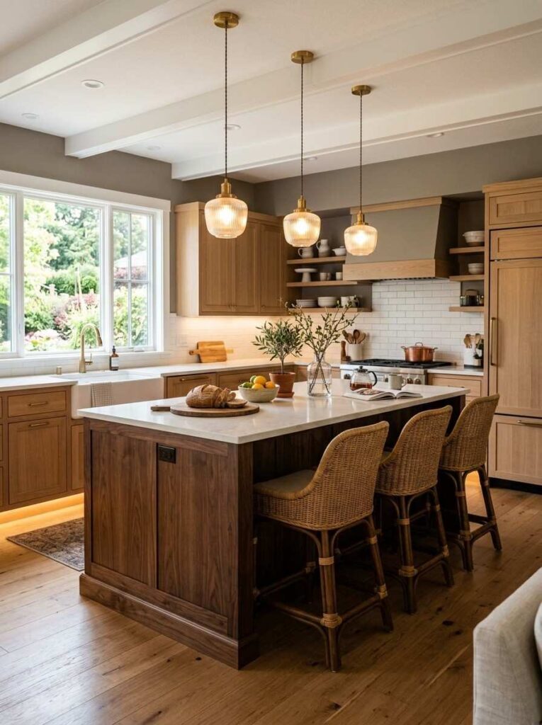 Wood cabinet kitchen island with rattan bar stools and pendant lighting