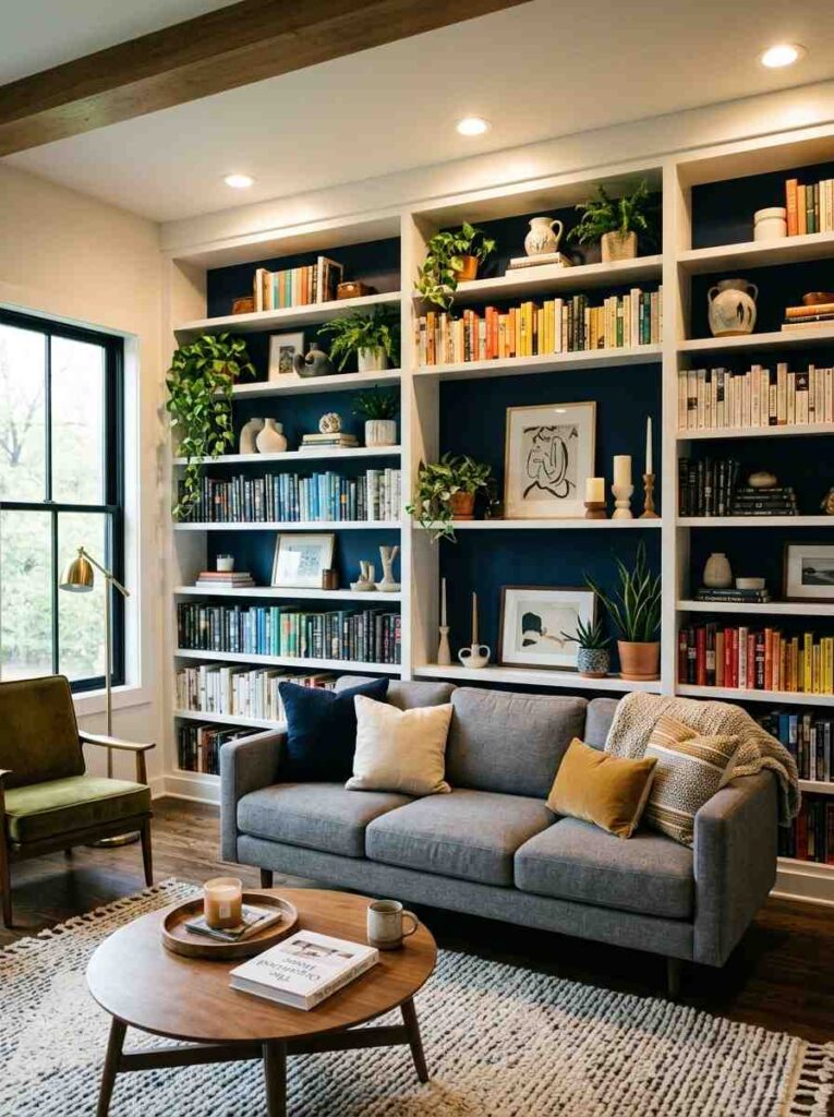 Built-in shelving accent wall with navy back panel in a stylish living room filled with books and plants