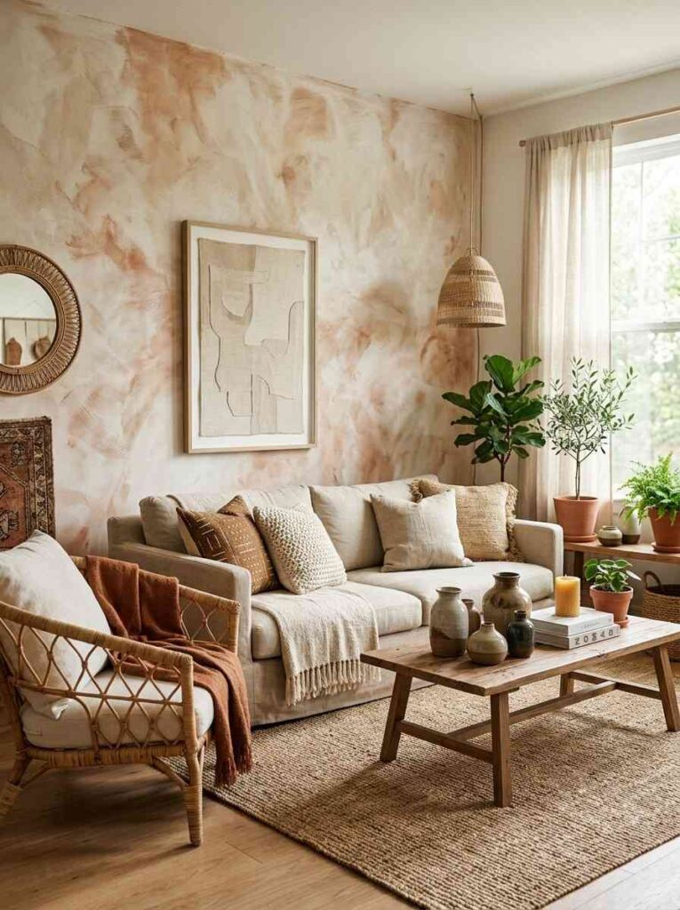 Limewash textured plaster accent wall in a boho living room with rattan furniture and earthy tones