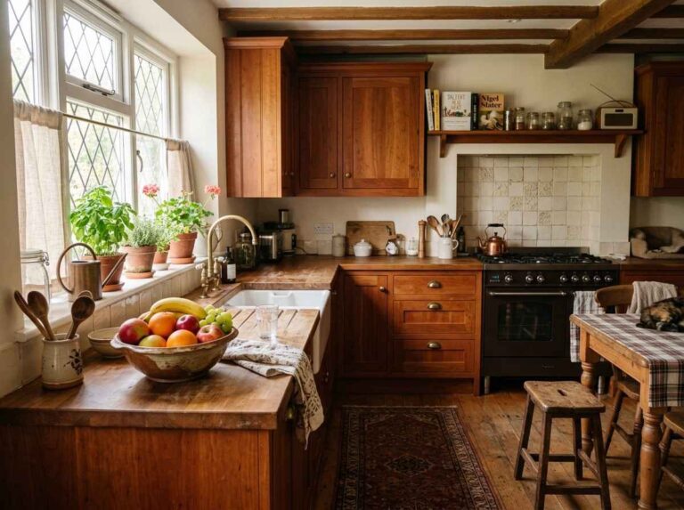 Warm kitchen with wood cabinets and natural lighting