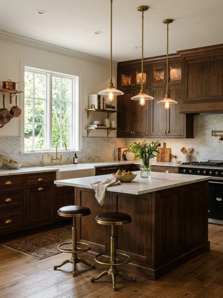 Kitchen with wood cabinets and brushed brass hardware for timeless elegance