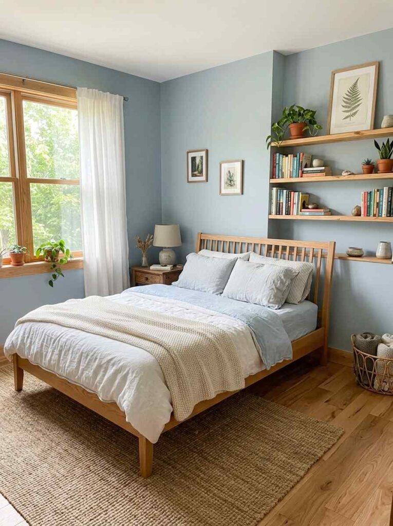 Blue bedroom with natural oak wood bed frame pine shelving and linen bedding for a warm earthy balanced look