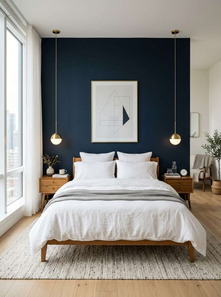 Navy blue accent wall bedroom with white bedding and warm wood furniture for a bold modern look