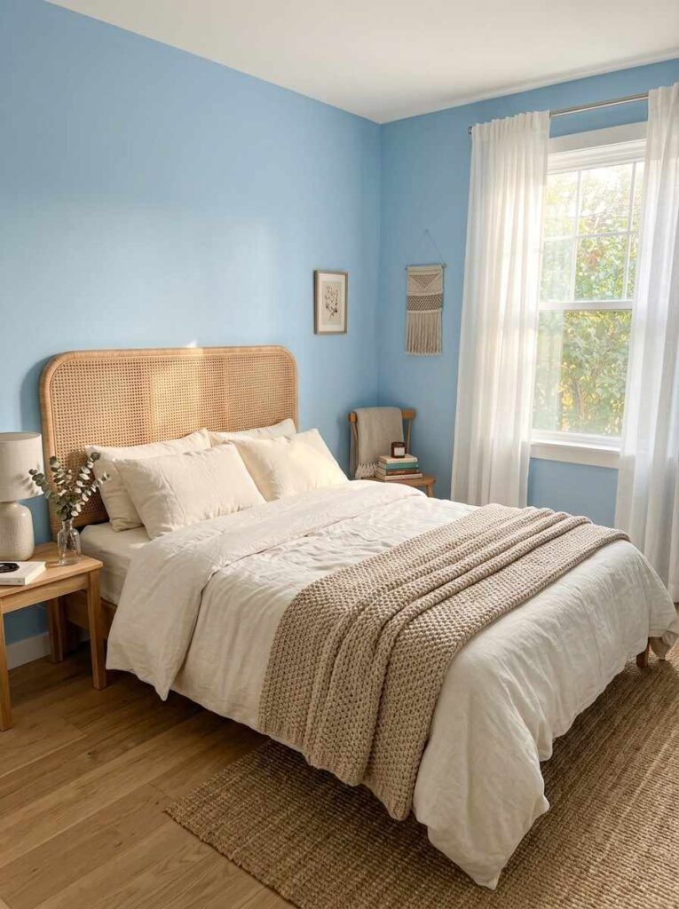 Soft sky blue bedroom walls with rattan furniture white curtains and cream linen bedding for a dreamy airy feel