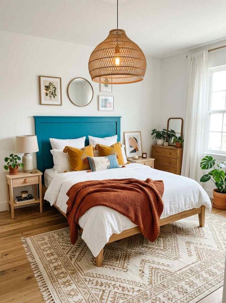 Teal blue headboard bedroom with mustard yellow accents rattan light and boho decor for a bold color lover