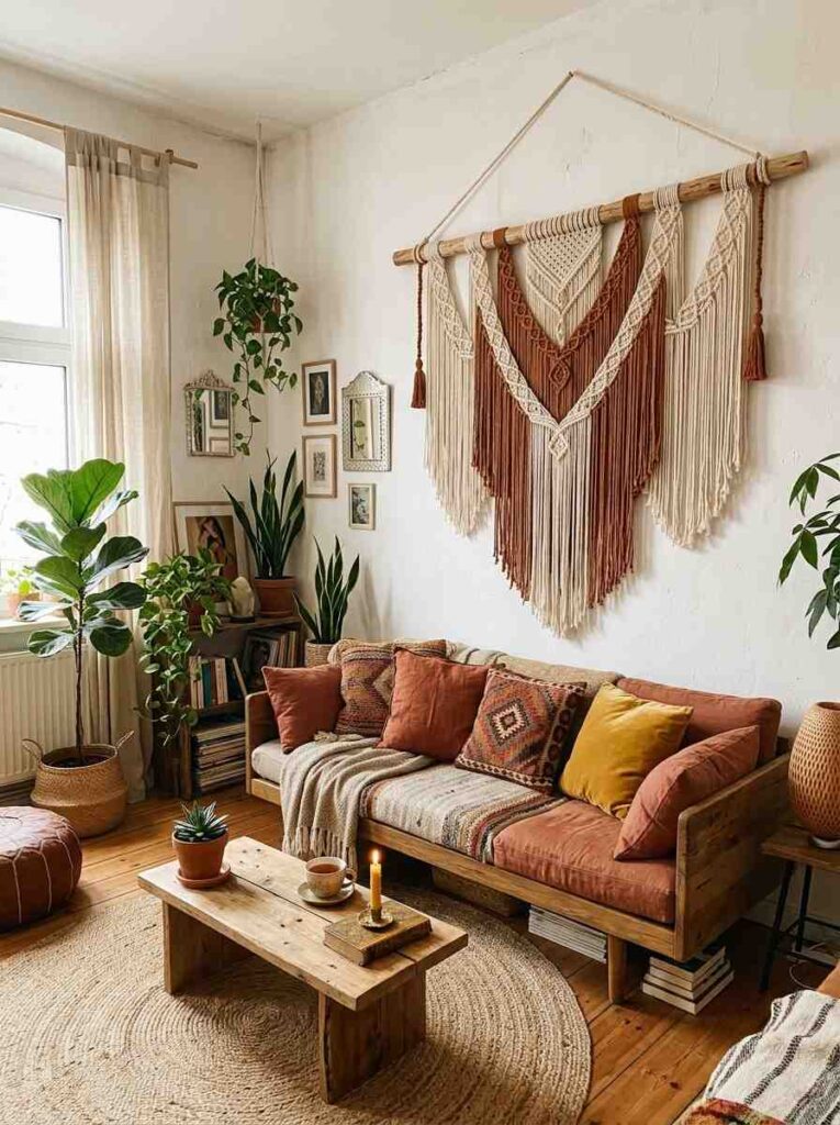 Large macrame tapestry in cream and rust tones hanging on a white boho living room wall