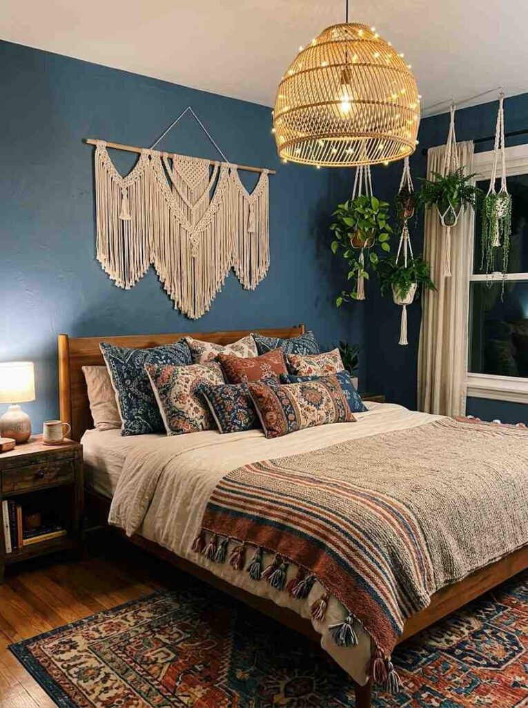 Blue boho bedroom with macrame wall hanging layered pillows woven blankets hanging plants and fairy lights for a free spirited cozy look