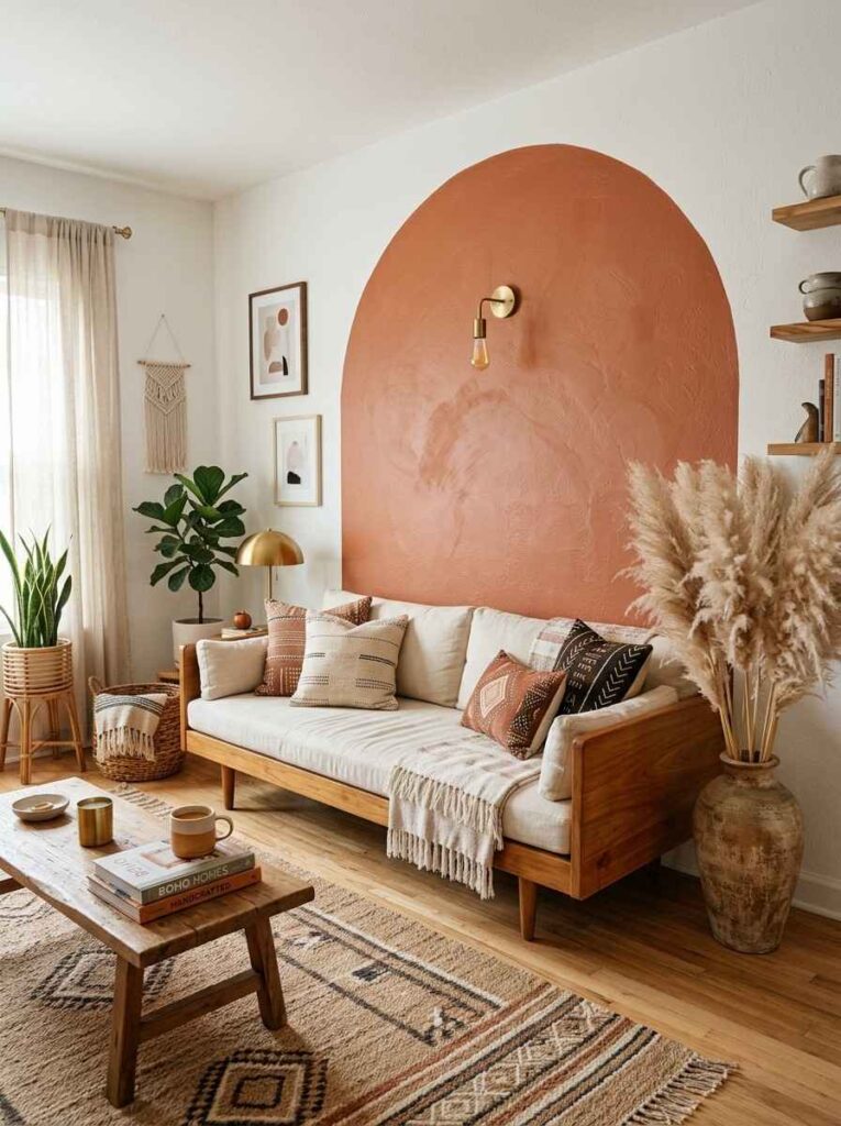Hand painted terracotta arch accent wall in a boho living room with wooden sofa and pampas grass decor