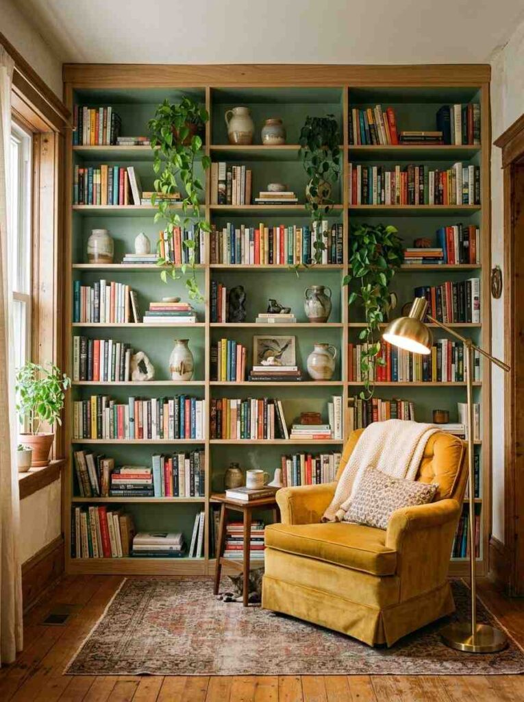 Floor to ceiling built-in bookshelves with sage green back panels and a reading armchair