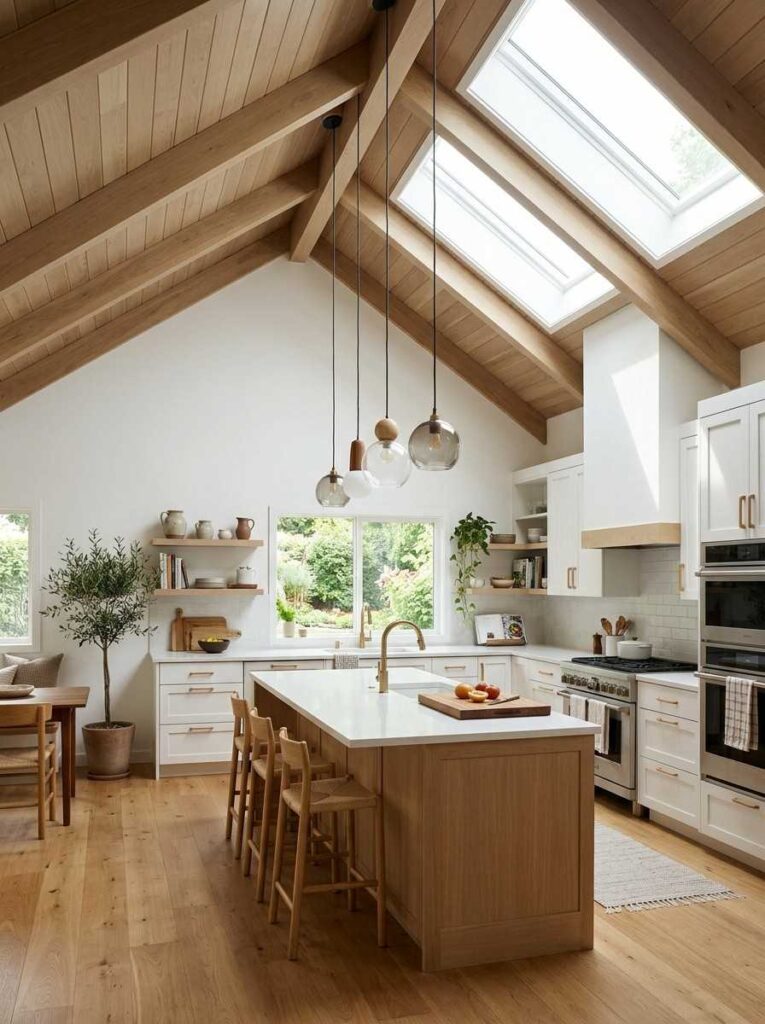 Bright kitchen with vaulted ceiling skylights and staggered pendant lights