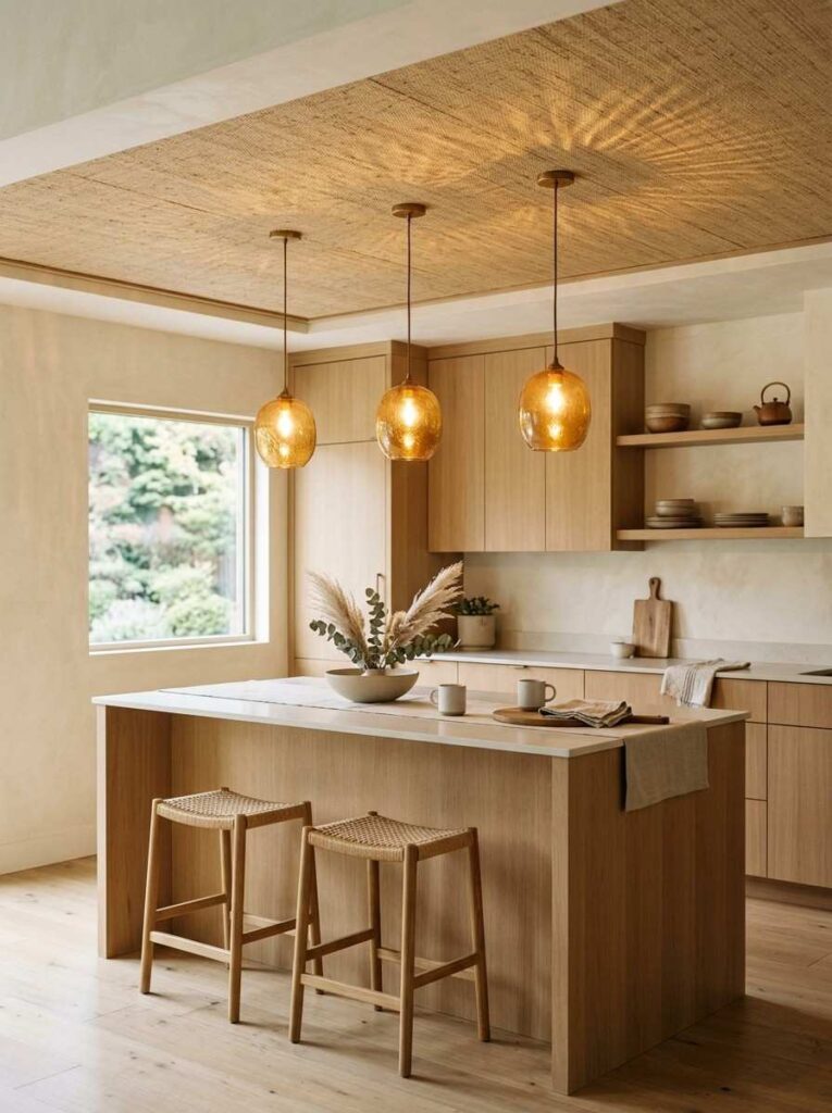 Japandi kitchen with natural woven grass cloth ceiling panels and amber pendant lighting
