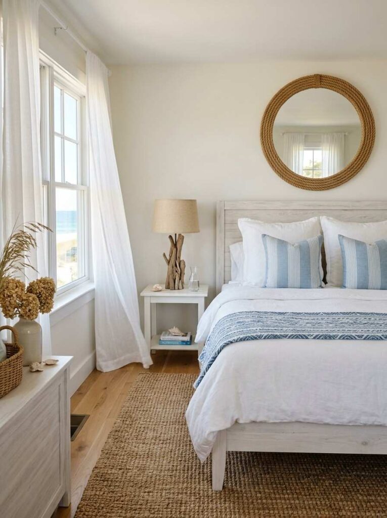 Blue and white coastal bedroom with jute rug driftwood lamp striped pillows and sheer curtains for a beach inspired look