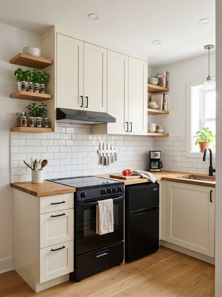 Small kitchen with black appliances white cabinets and glossy backsplash tiles making the compact space feel stylish and bright