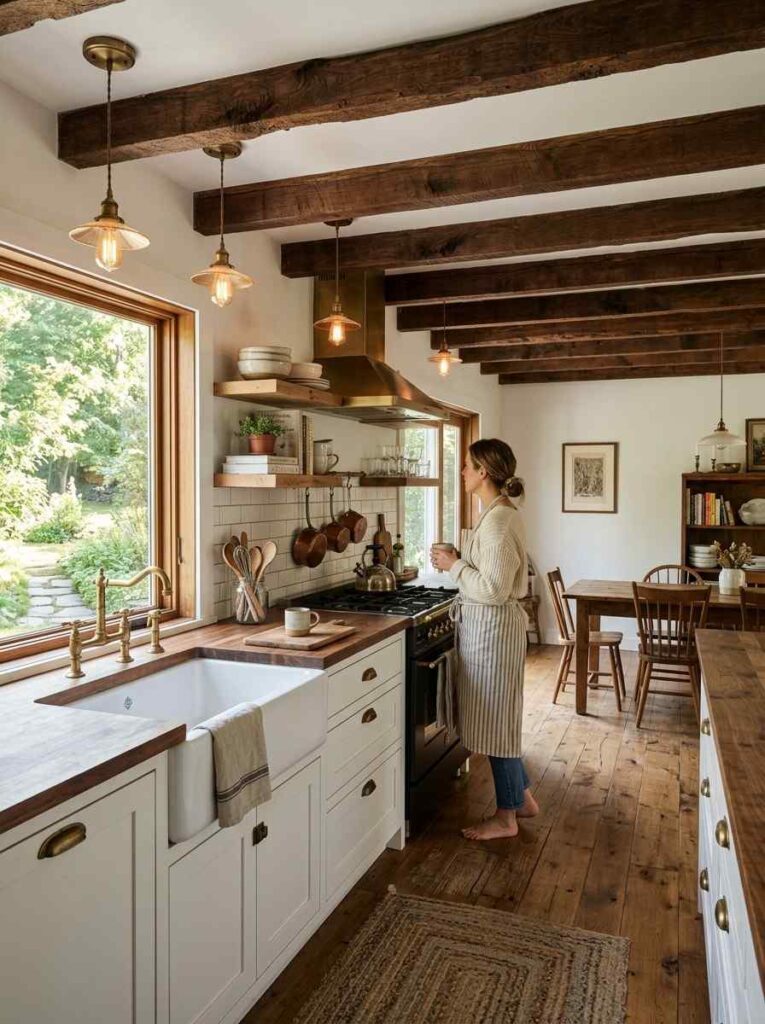 Farmhouse kitchen with dark wooden ceiling beams and warm pendant lighting