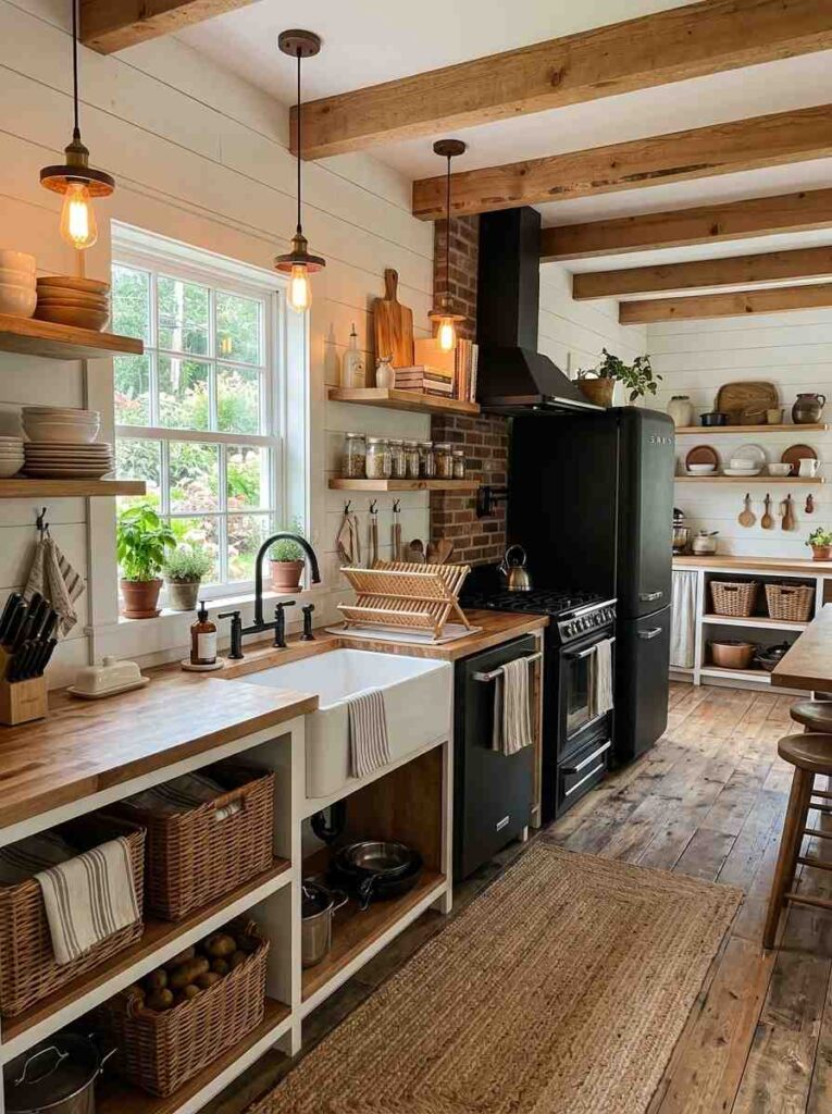 Farmhouse kitchen with black appliances shiplap walls wooden shelves and warm rustic lighting creating a cozy elegant space