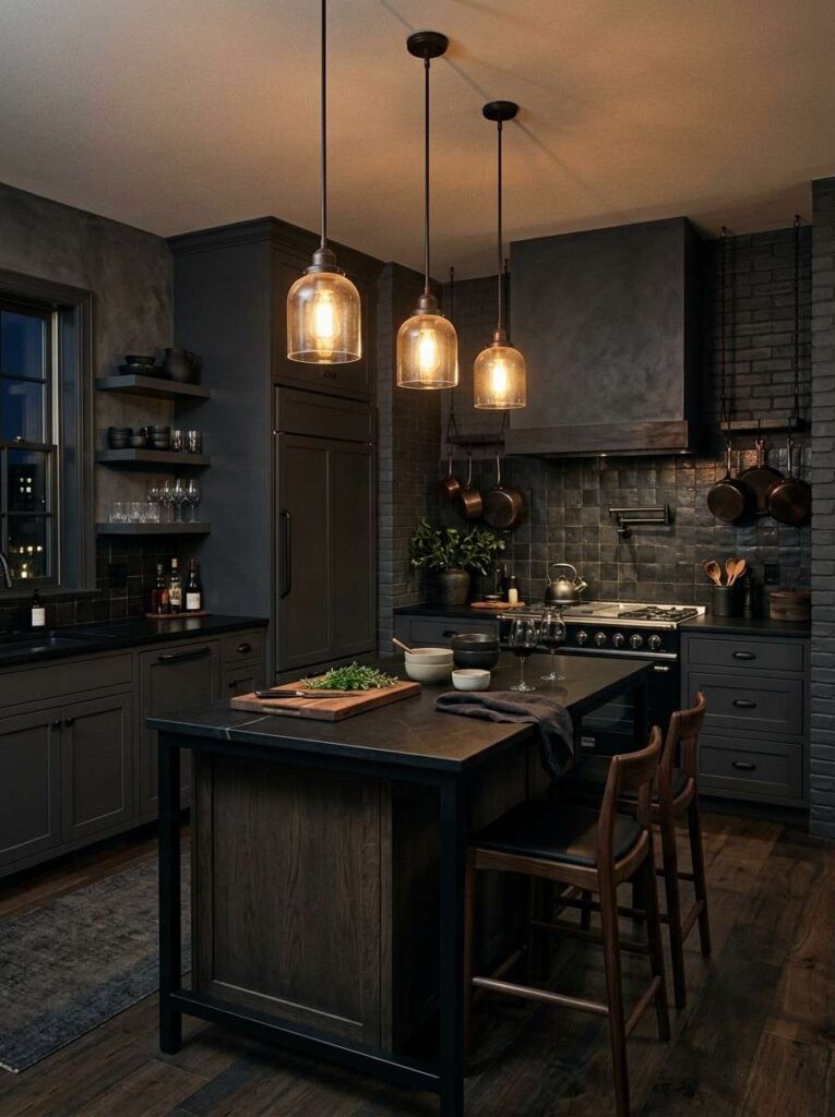 Dark moody kitchen with black appliances charcoal cabinets and warm Edison lighting creating a dramatic and luxurious atmosphere