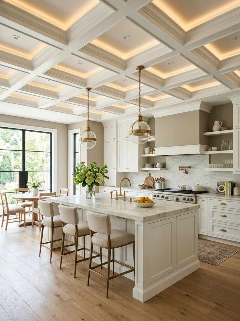 Elegant white coffered kitchen ceiling with recessed lighting and marble countertops