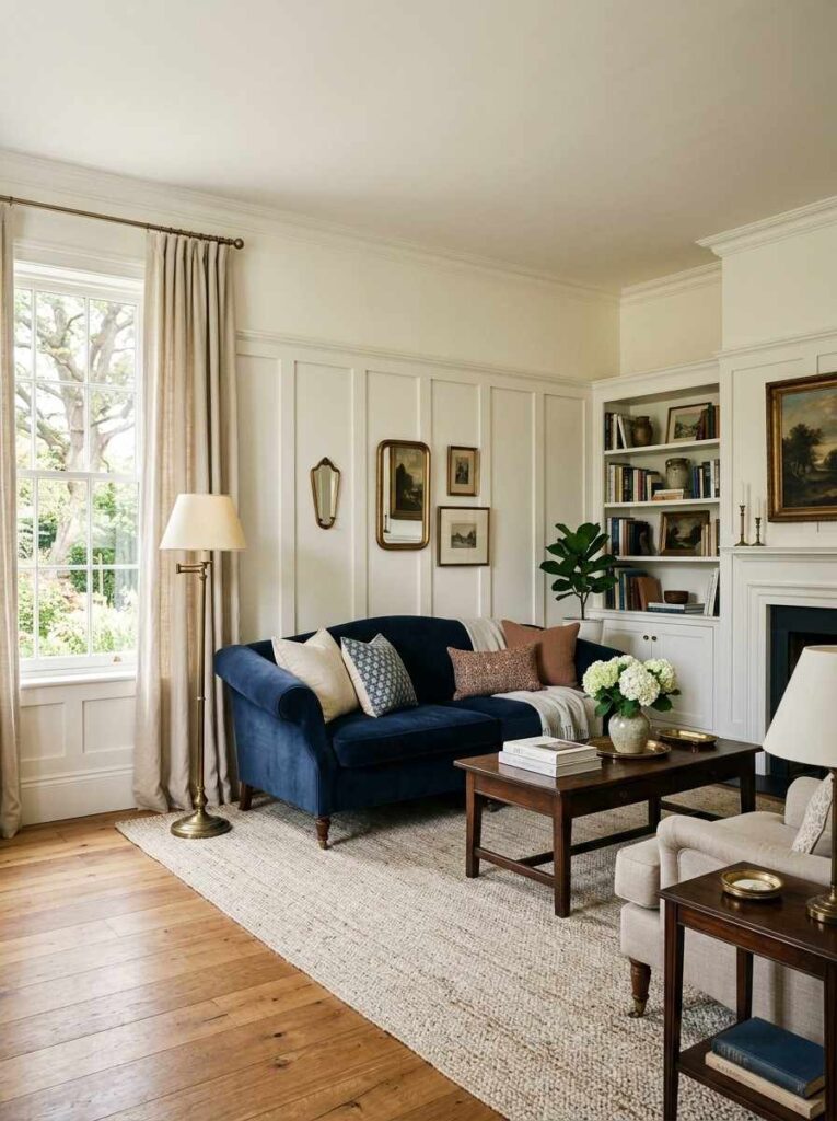 White board and batten wainscoting accent wall in a classic living room with navy sofa and hardwood floors