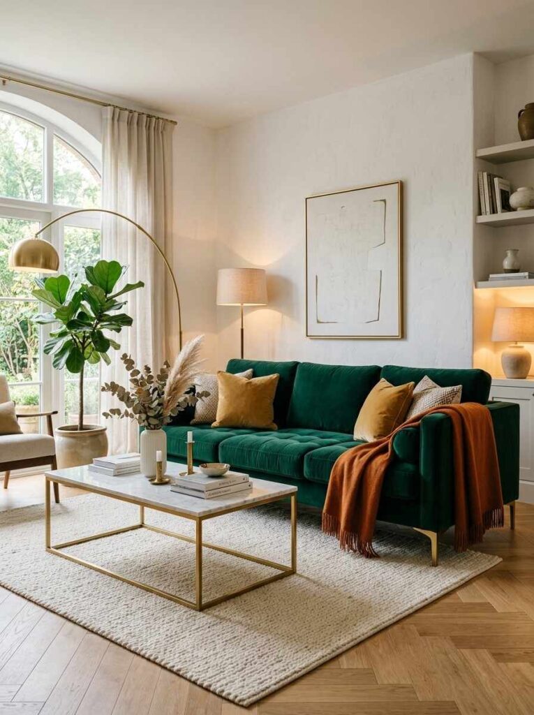 Emerald green velvet sofa with gold pillows and marble coffee table in modern living room