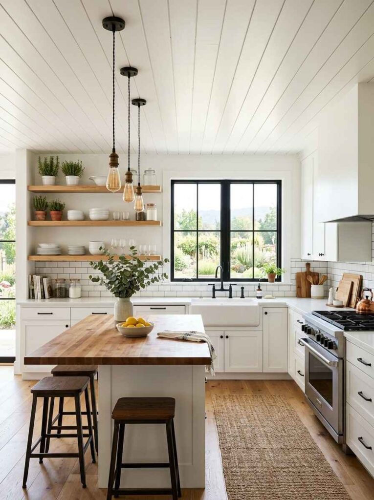 White shiplap kitchen ceiling with Edison bulb pendants and open wooden shelves
