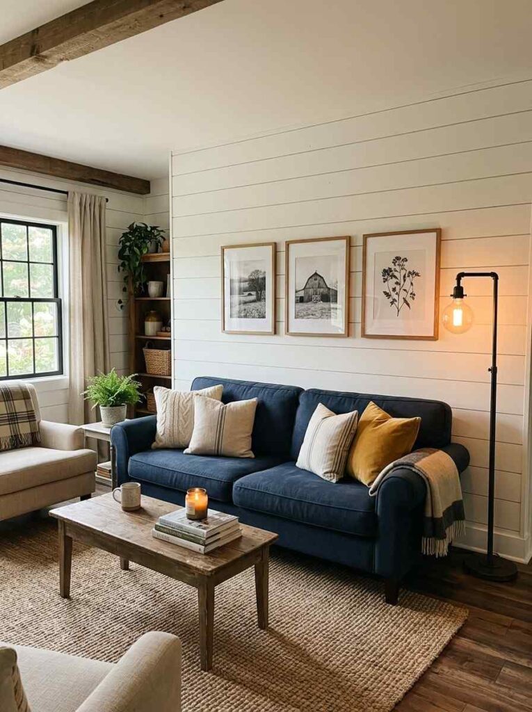 White shiplap wood panel wall behind a navy sofa in a farmhouse living room