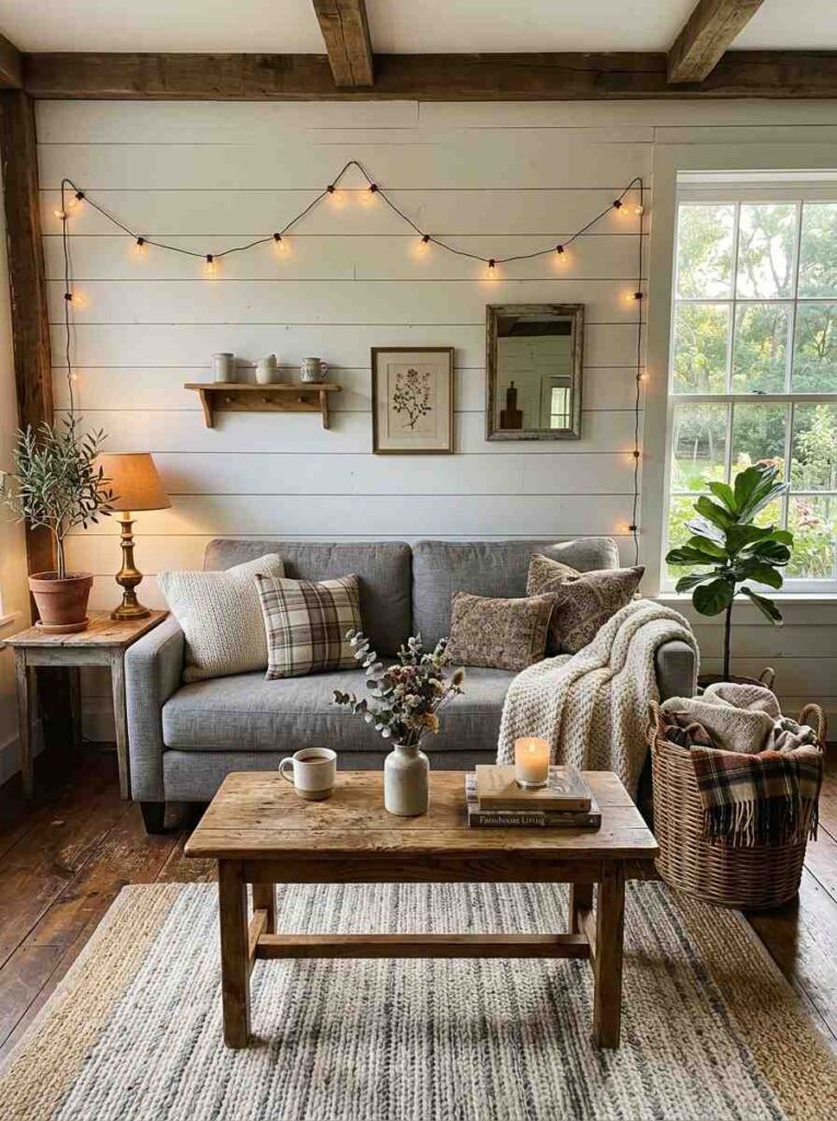 White shiplap wood paneling accent wall in a farmhouse living room with gray sofa and warm lighting