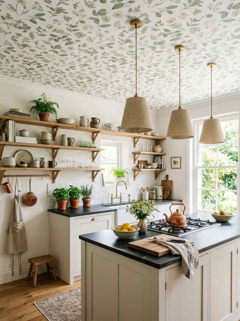 Kitchen with botanical floral wallpapered ceiling and neutral white walls