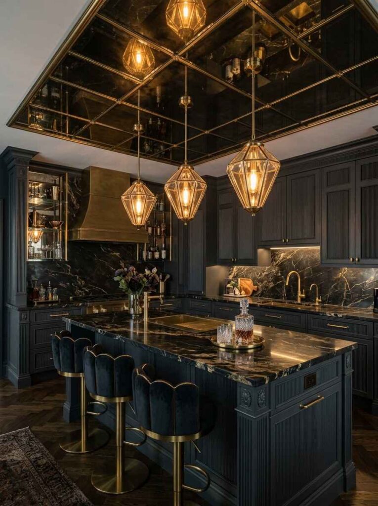 Glamorous kitchen with antique mirrored ceiling panels and brass pendant lights