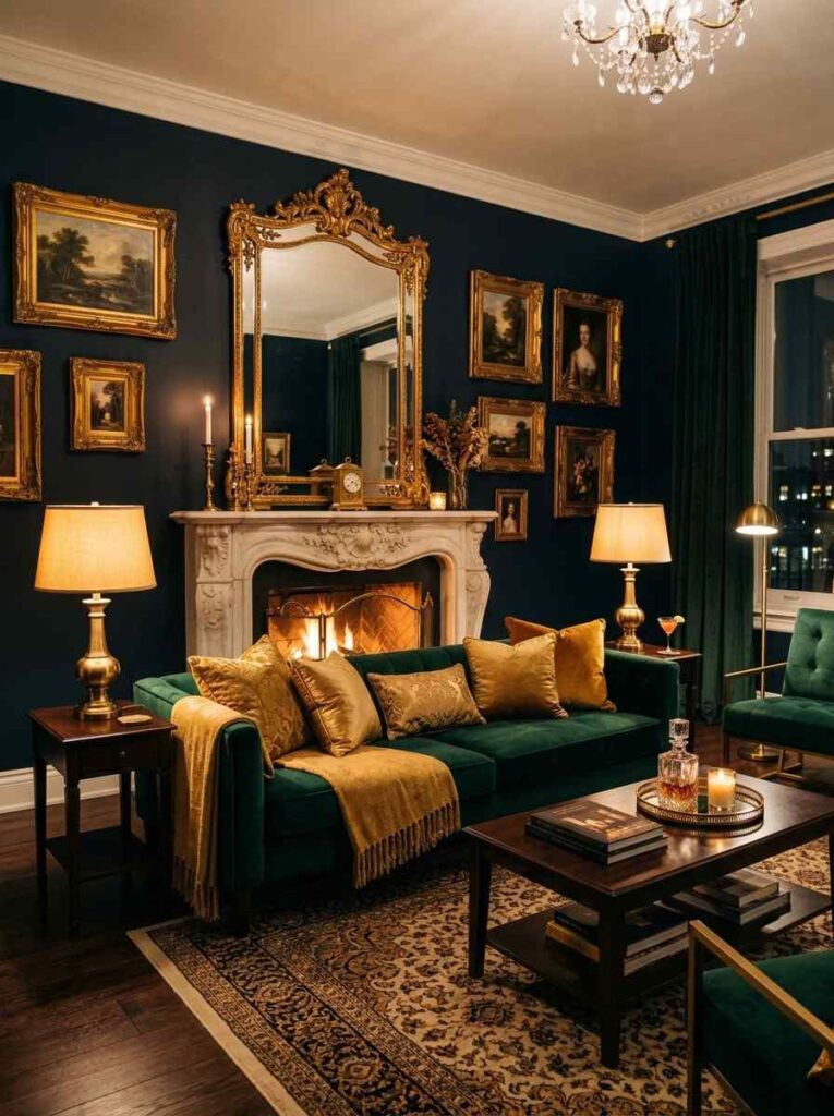 Green and gold living room with emerald sofa gilded mirror and brass lamp accents