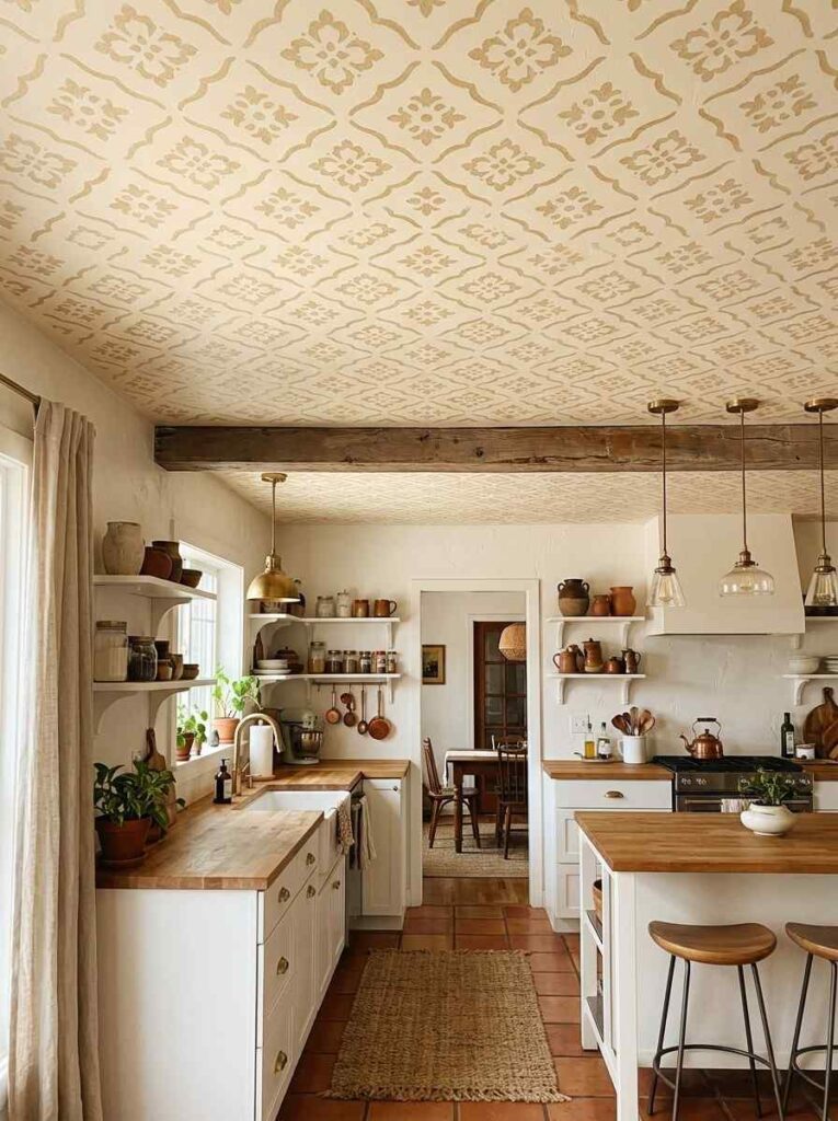 Kitchen with hand stenciled Moroccan pattern ceiling in gold and cream tones