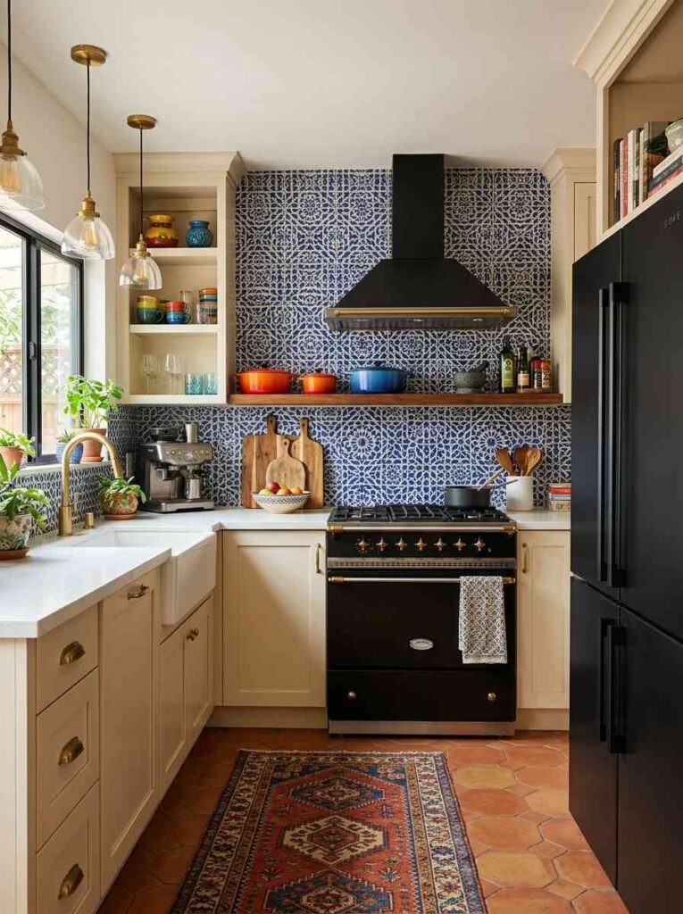 Kitchen with black appliances and bold Moroccan tile backsplash neutral cabinets and warm lighting creating a personality filled statement kitchen