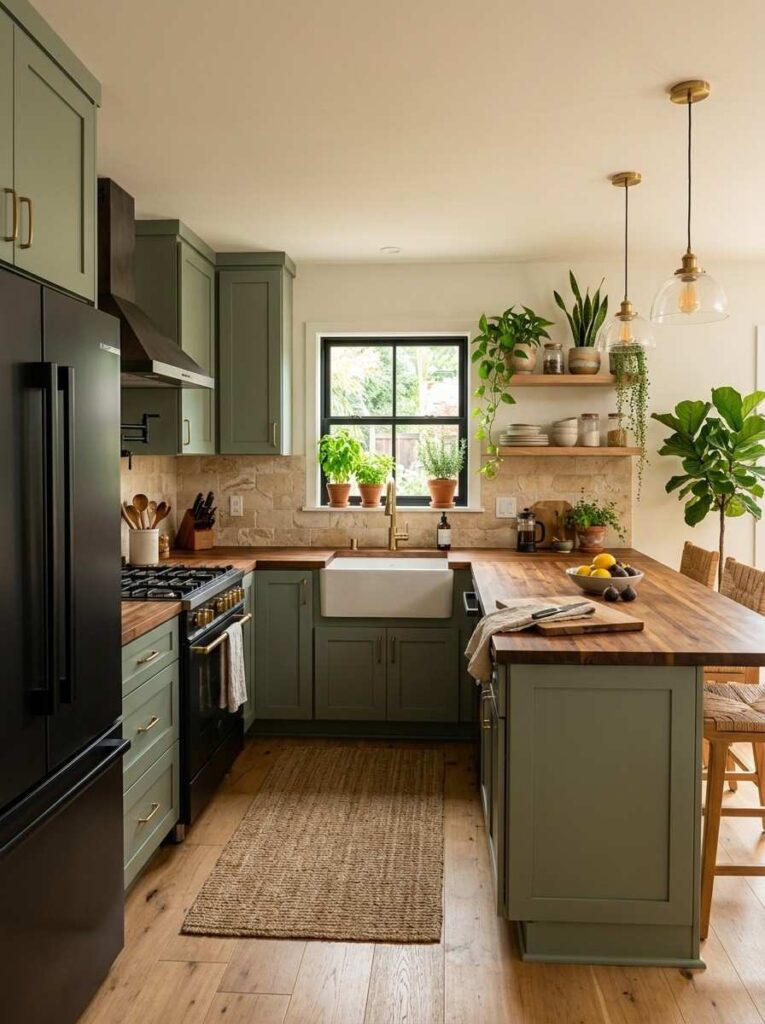 Sage green kitchen cabinets with black appliances butcher block countertops and indoor plants creating a fresh organic modern kitchen