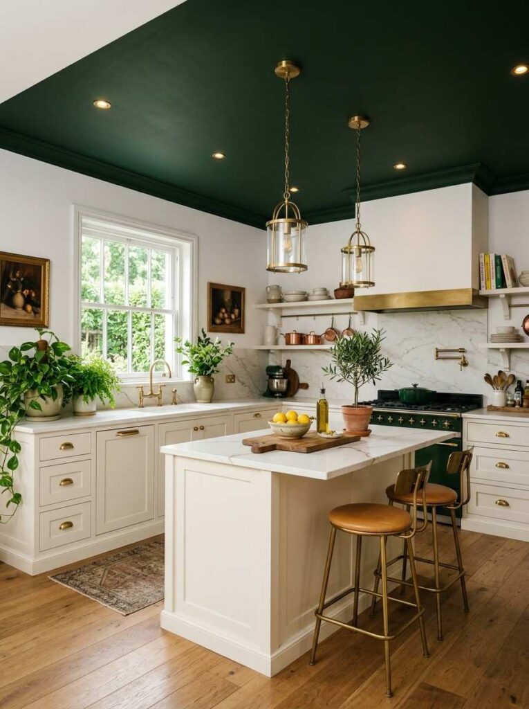 A stunning kitchen with a deep forest green painted ceiling creating a dramatic canopy effect, white walls and cream cabinetry below, brass gold hardware, warm ambient lighting, lush green plants on the counter, bold interior design editorial style photography