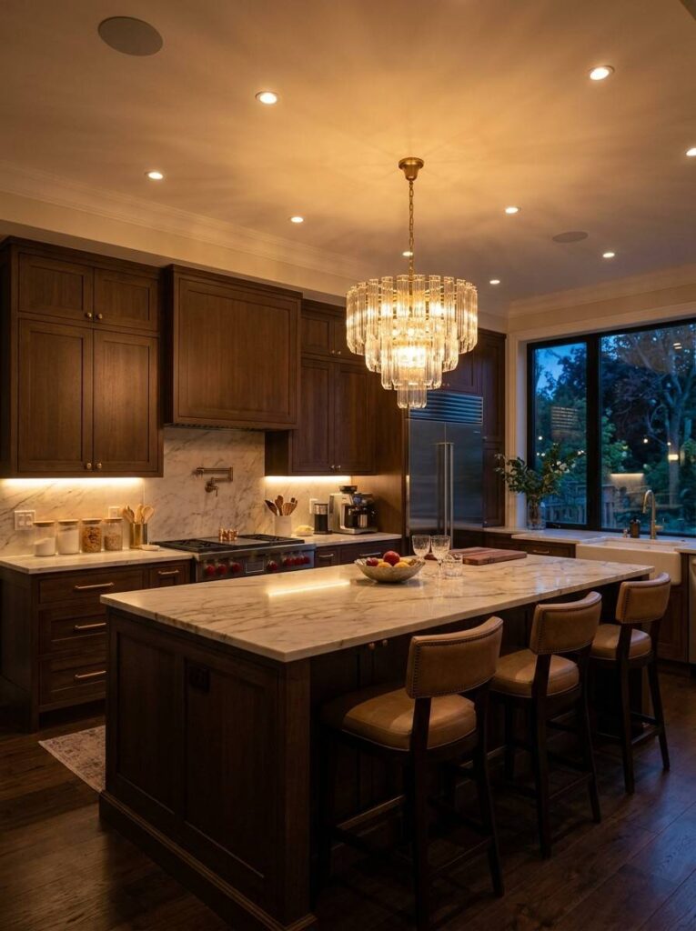 Kitchen with layered ceiling lighting including chandelier recessed lights and LED strips