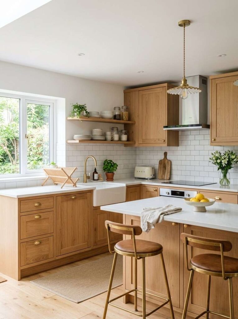 Natural oak cabinets with white countertops and brass hardware in bright kitchen