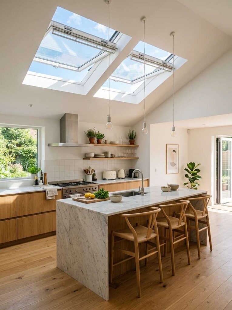 Bright kitchen with large skylights above island flooding space with natural sunlight