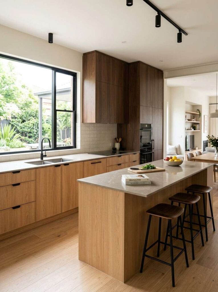 Two tone wood kitchen cabinets with light oak lower and dark wood upper cabinets