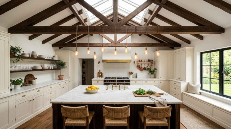 A stunning dream kitchen with vaulted wooden beam ceiling warm pendant lights marble island and natural morning light