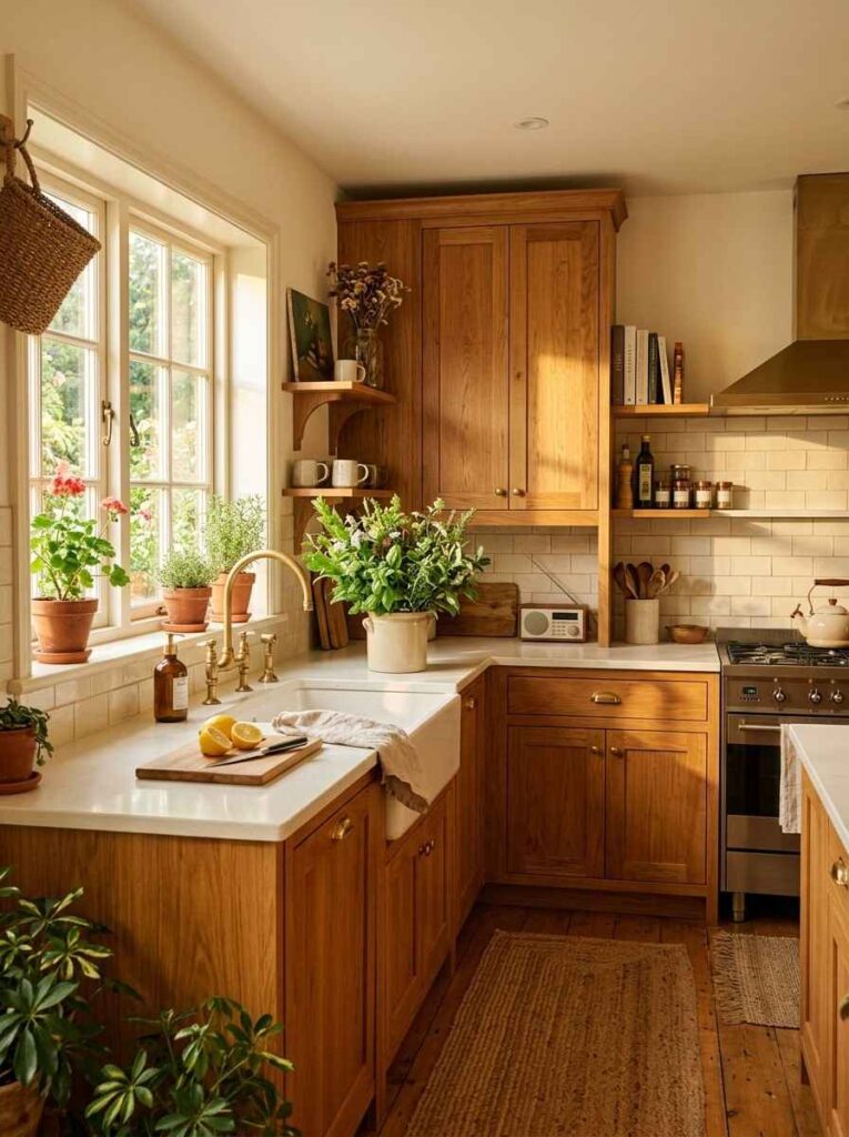 Honey toned wood cabinets with cream walls and brass fixtures in sunny kitchen