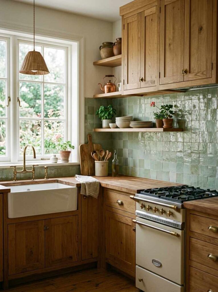 Wood cabinets with zellige tile backsplash in textured charming kitchen