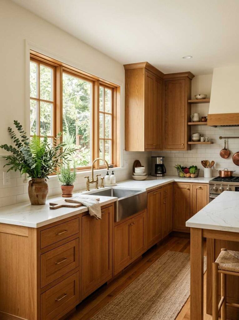 Wood cabinets with white quartz countertop in timeless balanced kitchen