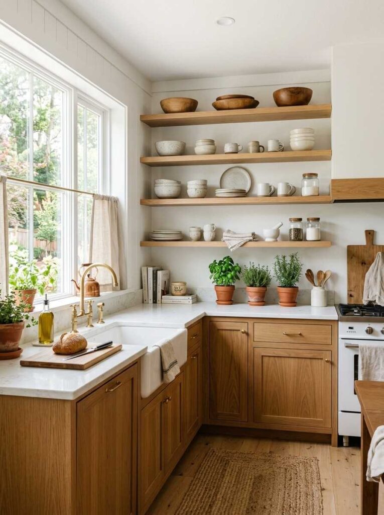Wood cabinets with open shelving displaying ceramic dishware in airy kitchen