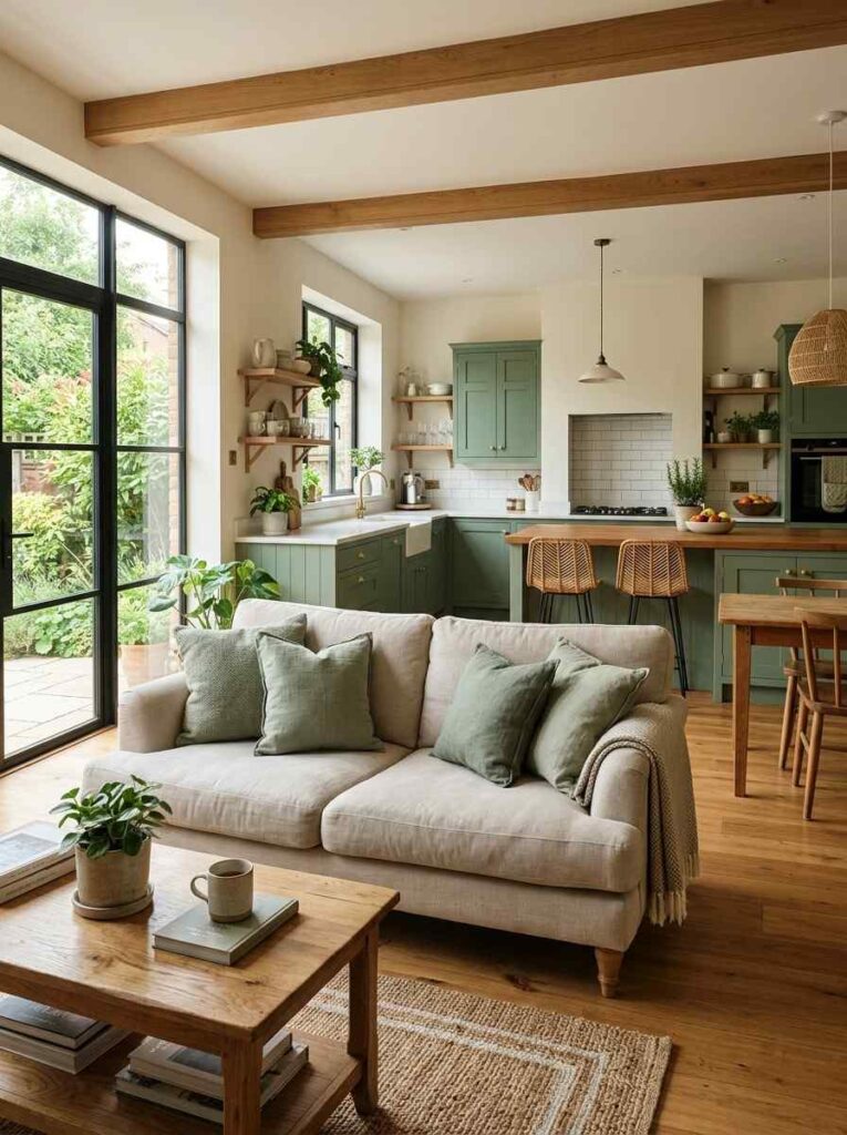 Open plan green kitchen and living room with sage cabinets and matching green cushions