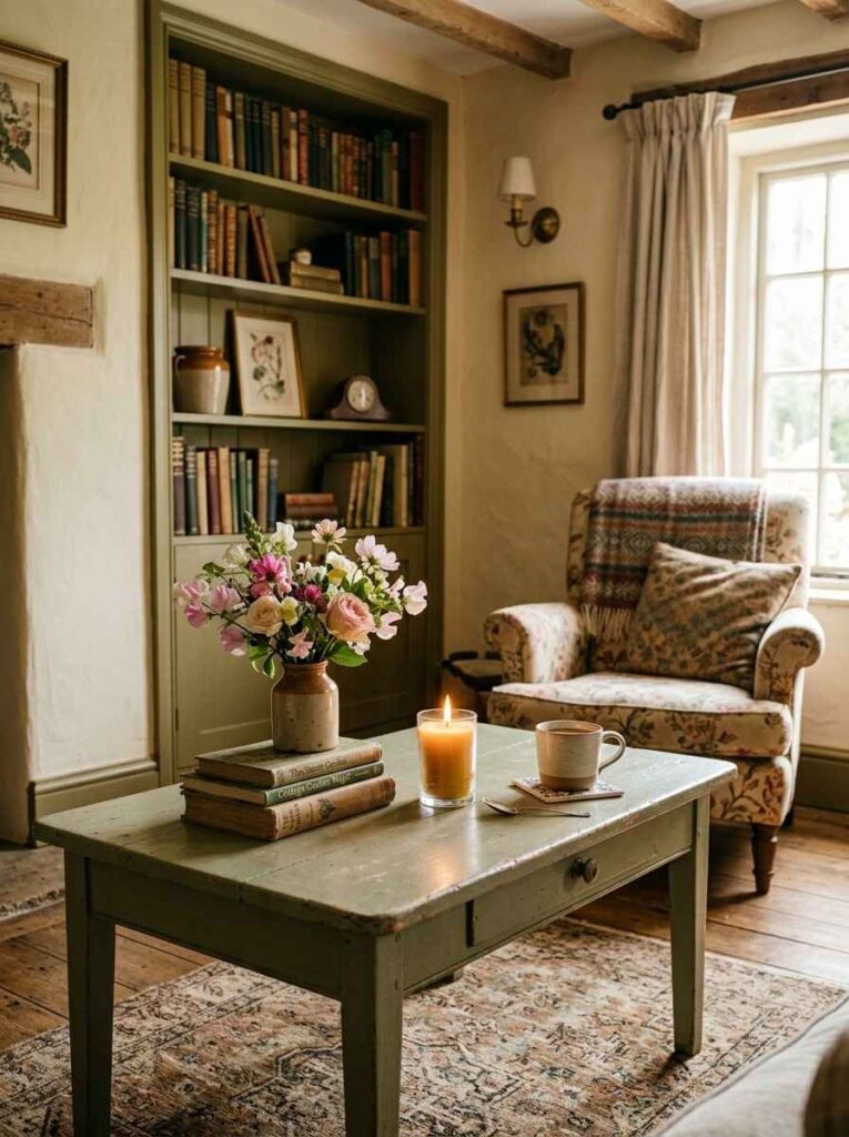 Sage green painted coffee table and olive bookshelf with vintage cottage decor in living room