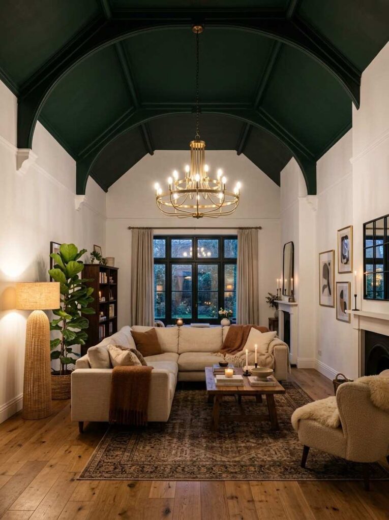 Dark green painted ceiling in white living room with brass chandelier and neutral sofa