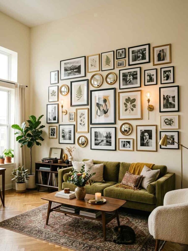 Gallery wall with framed art prints and mirrors in a modern eclectic living room with warm lighting