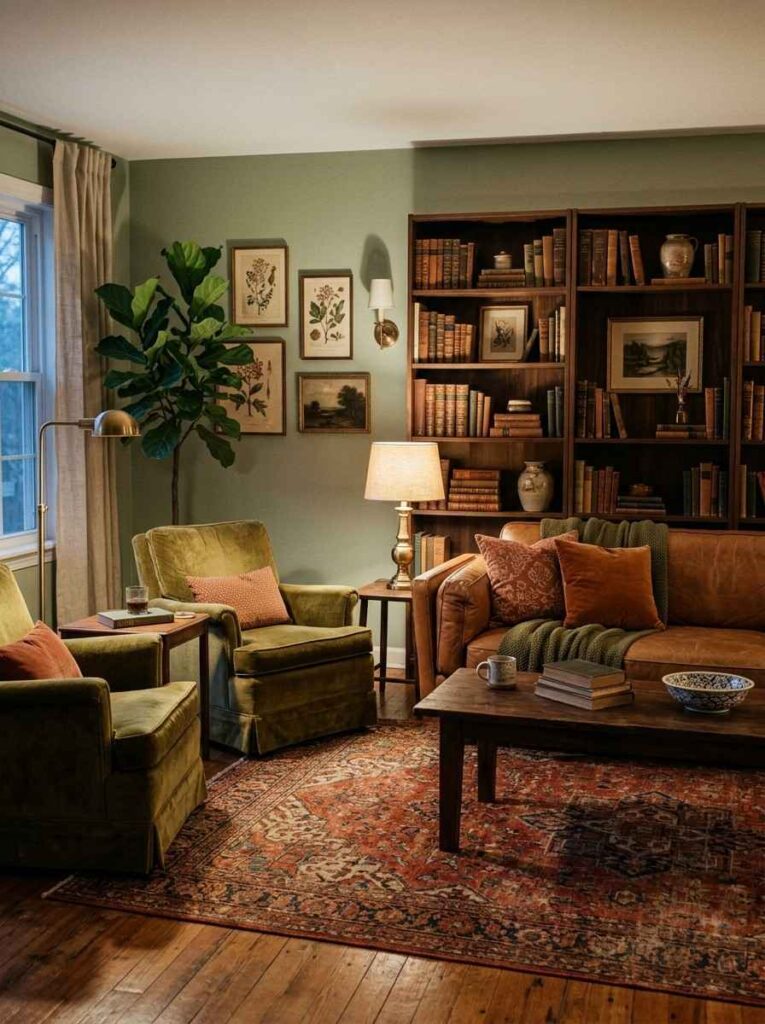 Olive green armchair with caramel leather sofa and earthy terracotta accents in warm living room
