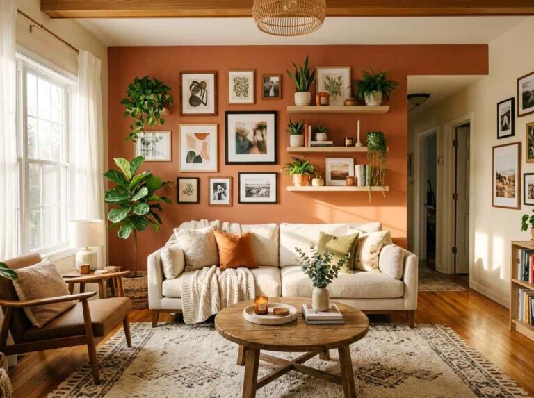 Beautiful living room with styled walls featuring art frames floating shelves and a warm terracotta accent wall