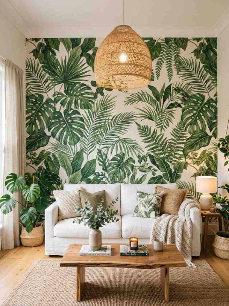 Botanical wallpaper mural accent wall in a bright living room with white sofa and rattan lighting